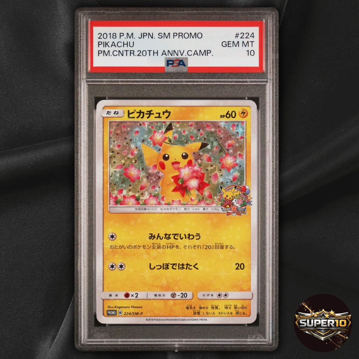 PSA 10 Pikachu 224/SM-P Pokemon Center 20th Anniversary Promo Japanese